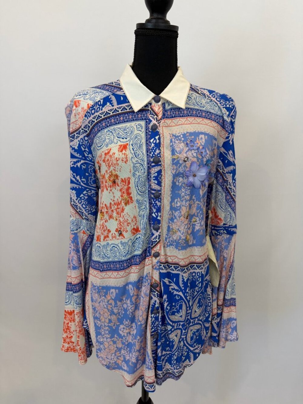 Aratta Silent Journey Cobalt Blue Patchwork Paisley Bell Sleeve Shirt M NWT